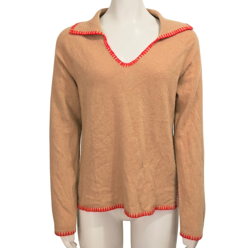 Nouveaux Cashmere Sweater Women S Tan Red Whipstitch Polo V-Neck Pullover SOFT